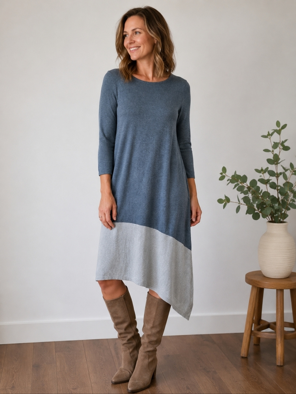 H by Halston Asymetrical Color Block Lagenlook Sweater Dress Sz Med Blue